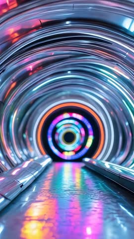 Gliding Through Futuristic Neon Tunnel Revealing Pulsing LED Rings — Vertical Tech Ambience