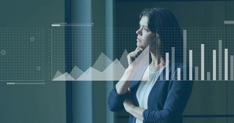 Professional woman contemplating data visualization dashboard with bar and line charts analytics