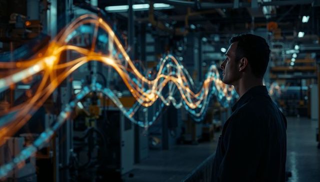 Engineer monitoring holographic waveform visualization in smart factory automation plant