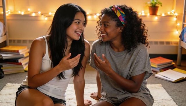 College friends chatting on dorm rug with string lights and notebooks, cozy study night
