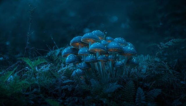 Ethereal bioluminescent mushrooms illuminating nighttime forest