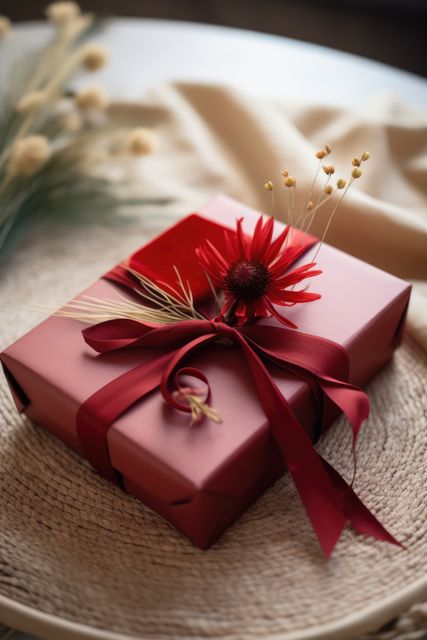 Close up of red gift with ribbon and flower, created using generative ai technology. Gift, present, giving and celebration concept digitally generated image.