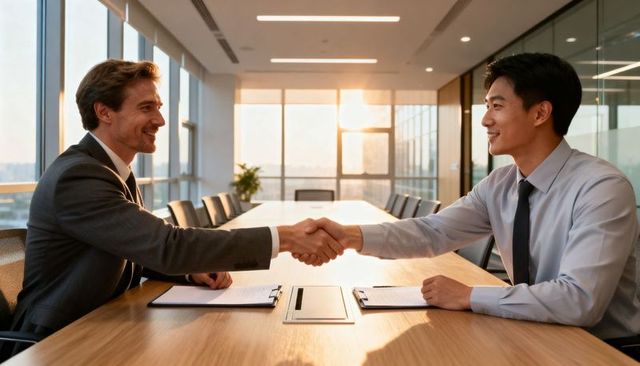 Shaking Hands Business Partners Sealing Deal in Corporate Boardroom with City View