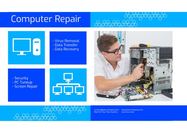 Detailed View of IT Technician Repairing Computer in Promotional Flyer - Download Free Stock Templates Pikwizard.com