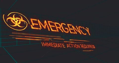 Holographic neon emergency alert with biohazard symbol in cyberpunk wireframe room