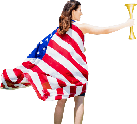 Caucasian Sportswoman Holding Trophy Wrapped in USA Flag on Transparent Background