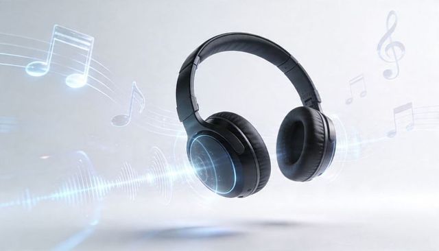 Sleek wireless headphones projecting blue waveforms and musical notes for audio ads
