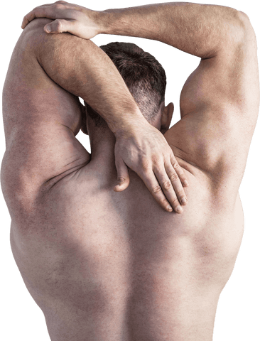 Transparent rear view of shirtless bodybuilder stretching arms