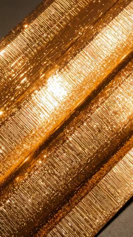 Tilting camera sending glint sliding across three gold rods for vertical luxury shimmer