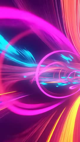Moving through neon tunnel with glowing rings and flowing ribbons | Futuristic vertical loop