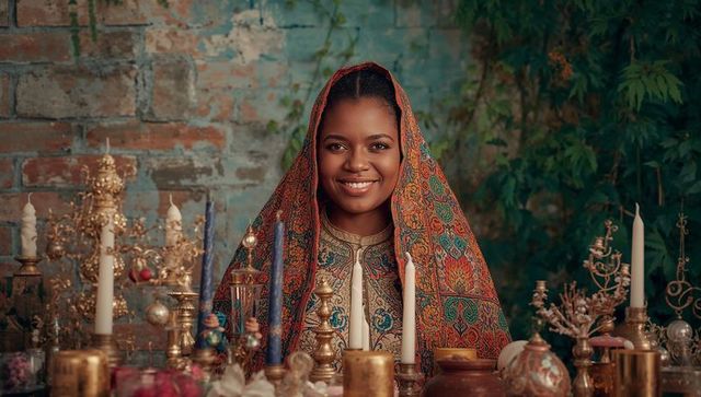 Smiling woman with paisley shawl amidst bohemian decor