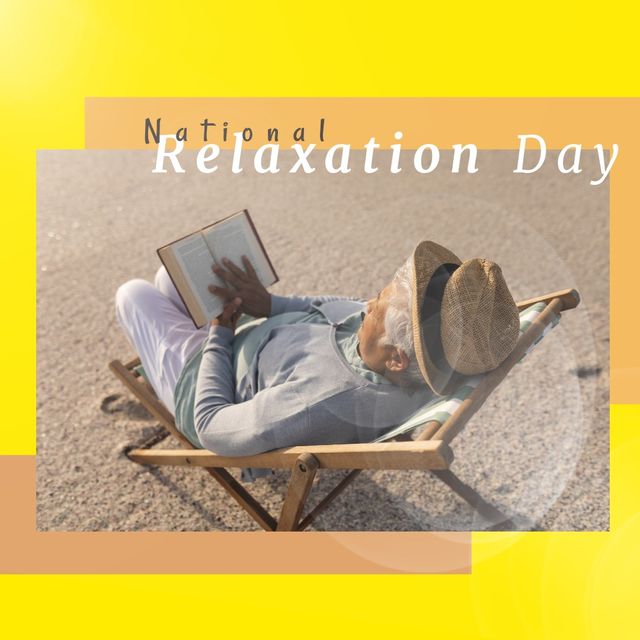 Composite of biracial senior man reading book on deckchair at beach and national relaxation day text. Hobbies, knowledge, summer, hat, retirement, lifestyle, relaxing, holiday, celebration concept.