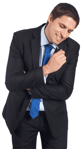 Happy Businessman in Suit Holding Pen on Transparent Background