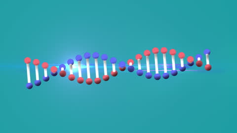 Rotating DNA Structure with Light Beam on Blue Background