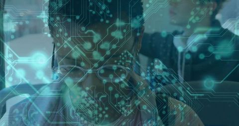 Commuter Using Phone with Digital Circuit Overlay Signifying Connected Transit and AI