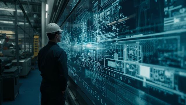 Engineer Monitoring Digital Control Wall Display for Smart Factory and Manufacturing Automation