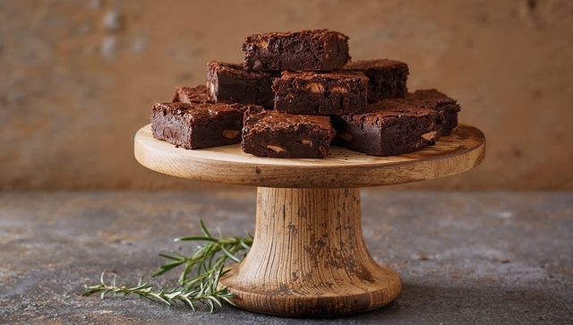 Stacking chocolate brownies on rustic wooden cake stand with rosemary garnish and warm tones