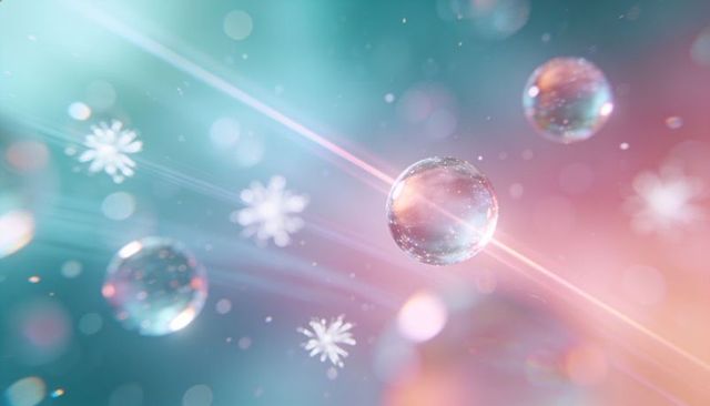 Glowing glass orb refracting teal pink light with snowflake bokeh and iridescent glow