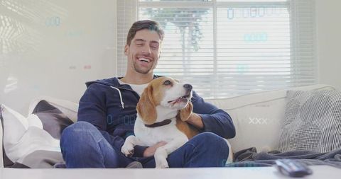 Smiling man cuddling beagle on sofa enjoying cozy daylight companion moment in lounge