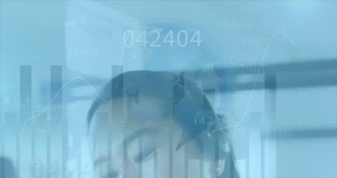 Financial Data Analysis Overlay and Businesswoman with Headset