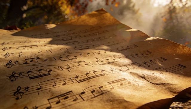 Aged parchment sheet music lying on autumn ground with golden hour light and lens flare