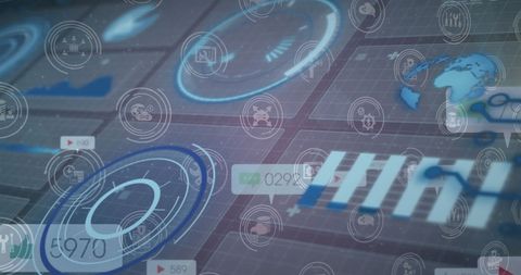 Futuristic Data Processing Interface with Global Icons - Download Free Stock Images Pikwizard.com