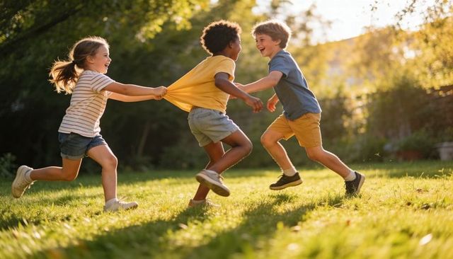 Children running and chasing on sunlit backyard lawn playing together in summer