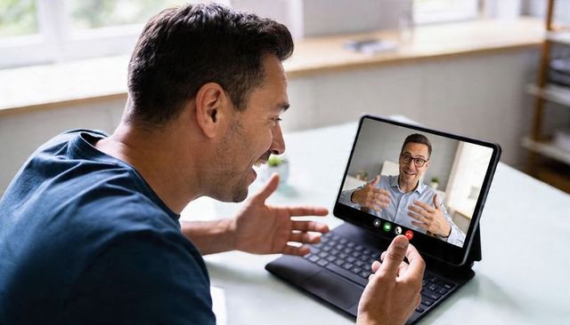 Man gesturing during remote video call on tablet at home workspace with keyboard