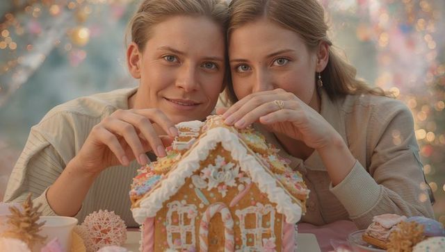 Two women decorating gingerbread house in cozy christmas scene