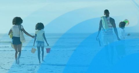 Happy Family Enjoying Sunny Walk Towards Beautiful Beach