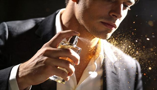 Man spraying cologne on neck with golden mist, luxury fragrance, grooming lifestyle, close-up