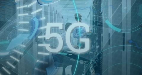 Futuristic 5g network overlaid on data servers visual