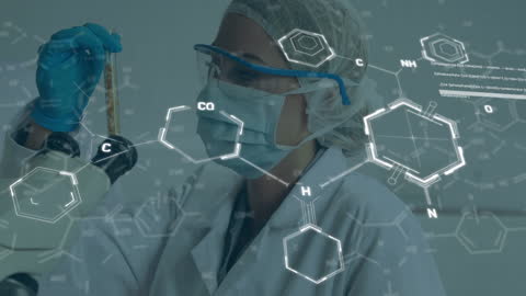 Scientist Analyzing Sample with Chemical Formula Overlay