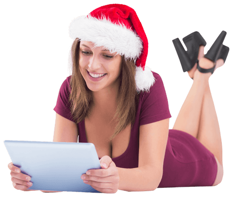 Smiling woman in santa hat using tablet, transparent background