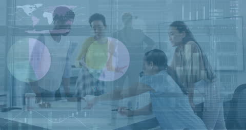 Diverse Coworkers Collaborating in Modern Office with Data Overlay