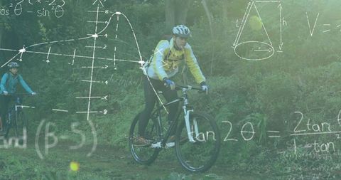 Cyclists Navigating Forest Path with Math Elements