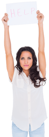 Brunette woman holding up transparent help sign with urgency