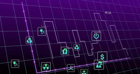 Futuristic neon energy dashboard visualizing cyberpunk grid analytics holographic icons