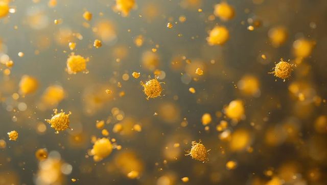 Golden spiky spheres floating in soft bokeh, abstract microscopic particles and pollen