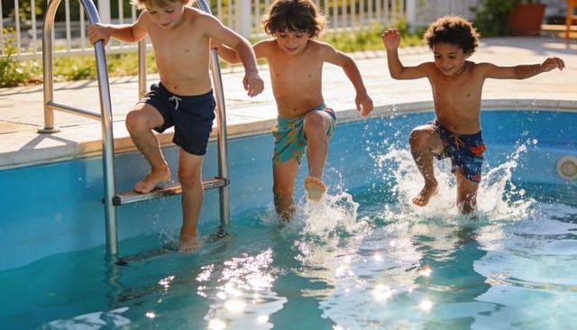 Three boys jumping and splashing in sunlit backyard pool during carefree summer play