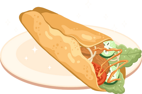 Transparent cartoon vegetarian tortilla wrap drawing with veggies and sparkles
