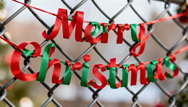 Merry christmas satin ribbon letters woven through chain-link fence holiday banner