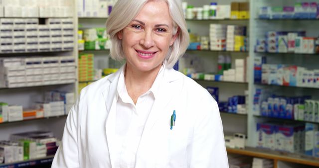 Experienced female pharmacist smiling and posing at work. Ideal for illustrating professional healthcare services and pharmaceutical work environments. Useful for advertisements, blogs discussing medicine, healthcare workers, and pharmacy services marketing.