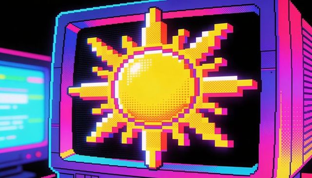 Neon retro pixel sun on crt monitor vintage 80s vaporwave 8-bit halftone display