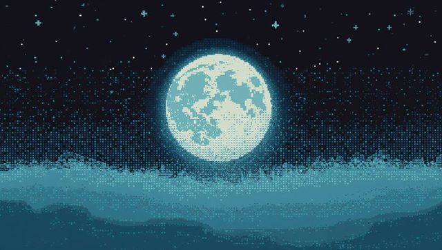Glowing pixel full moon over teal mist retro 8-bit nightscape with halo dither stars