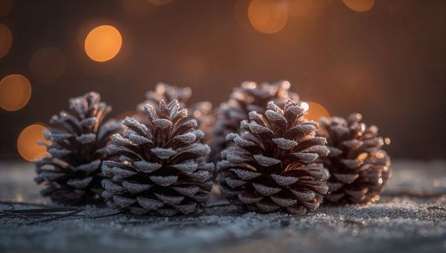 Frost-Dusted Pine Cones with Warm Amber Bokeh, Winter Macro Texture and Holiday Ambience