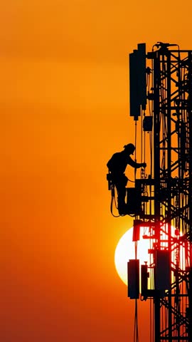 Telecom Technician Securing Antennas on Tower at Sunset | Vertical Video Silhouette