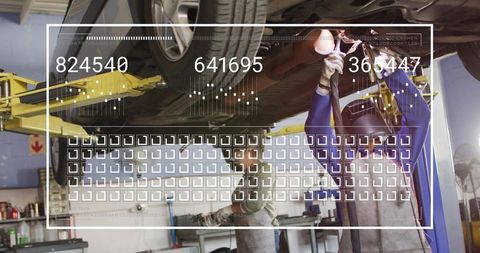 Female mechanics repairing car undercarriage on lift with augmented reality HUD overlay