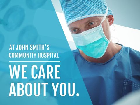Dedicated surgeon in scrubs and mask for community hospital advertisement