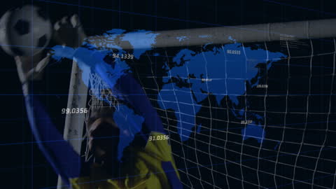 Soccer Goalkeeper with World Map and Data Overlay